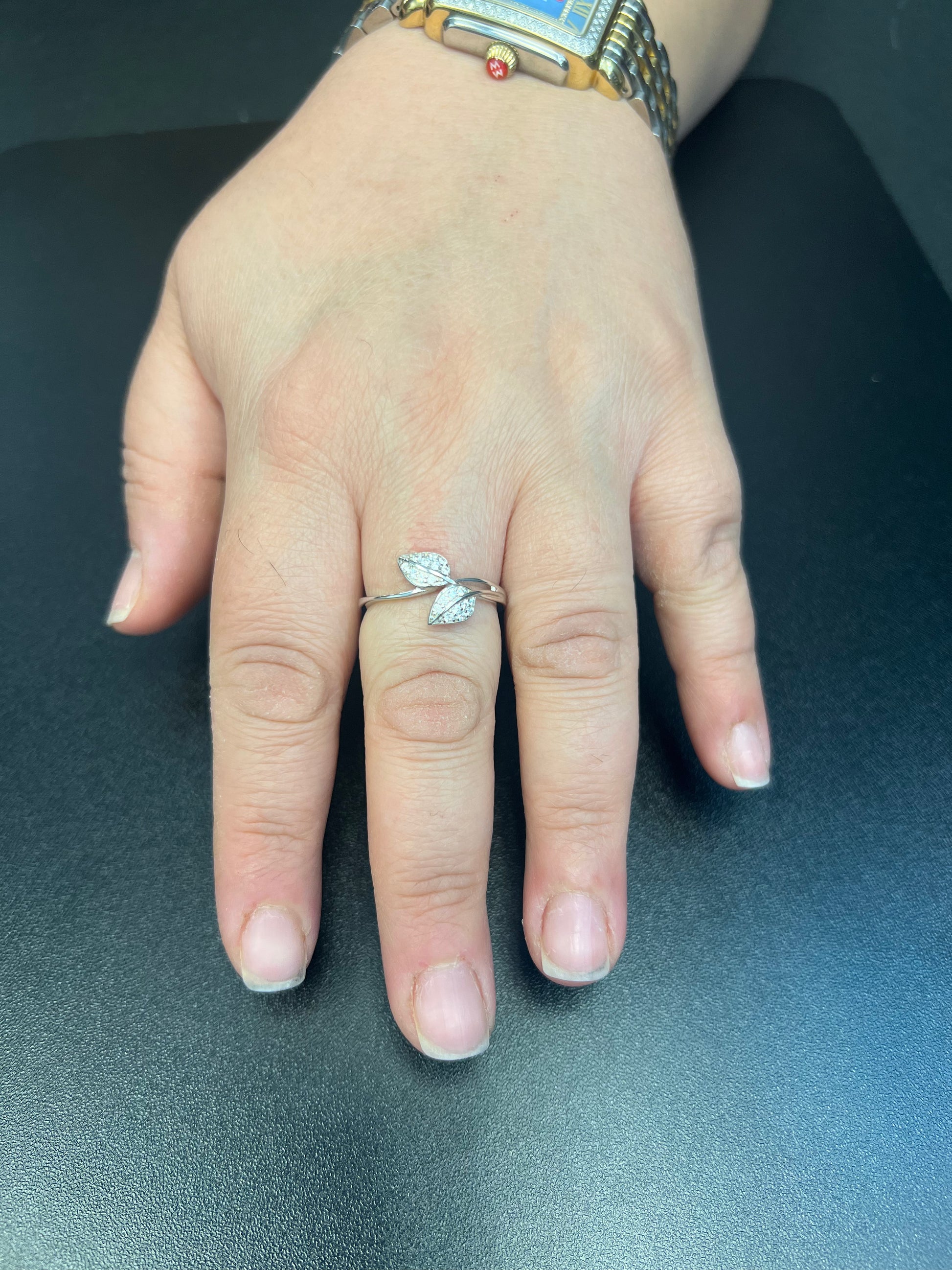 White Gold over Sterling Silver Women's Dainty Simulated Diamond Stackable Leaf Ring