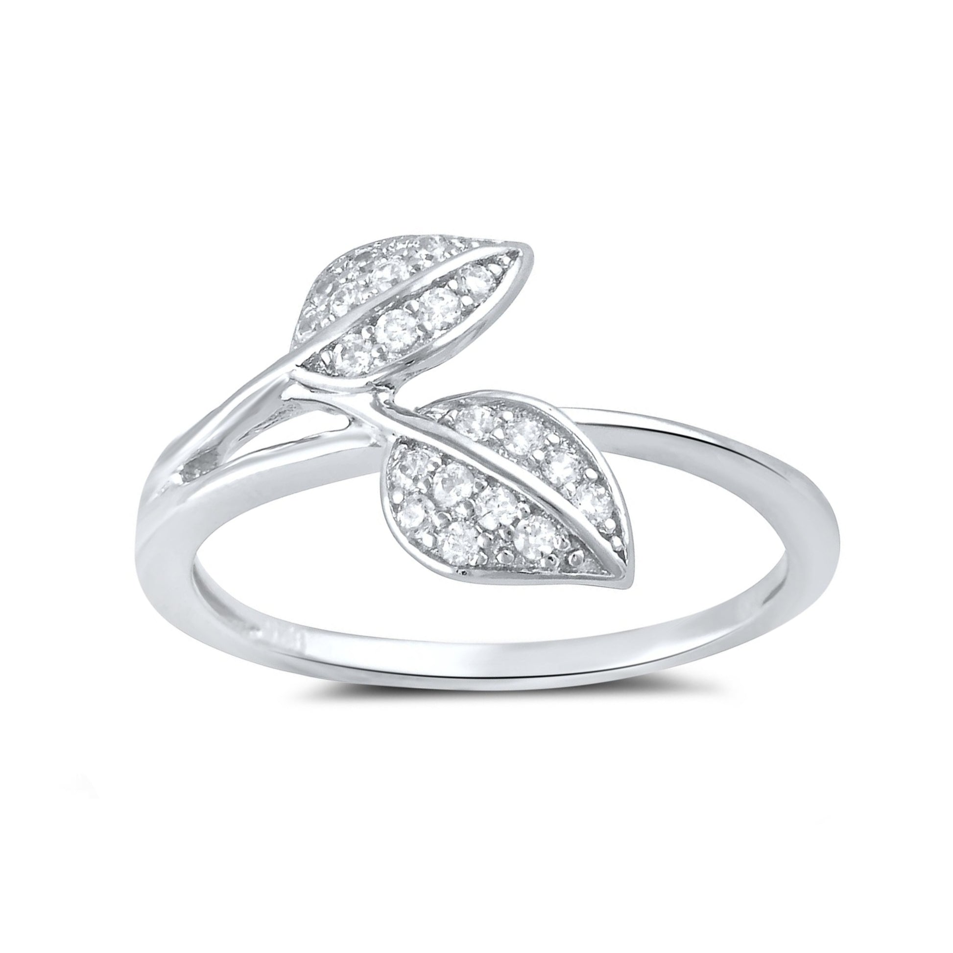 White Gold White Gold over Sterling Silver Women's Dainty Simulated Diamond Stackable Leaf — detail view