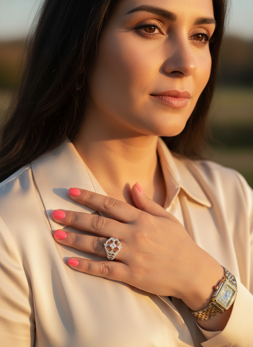 White Gold over Sterling Silver Ladies Retro CZ Heart Clover Ring