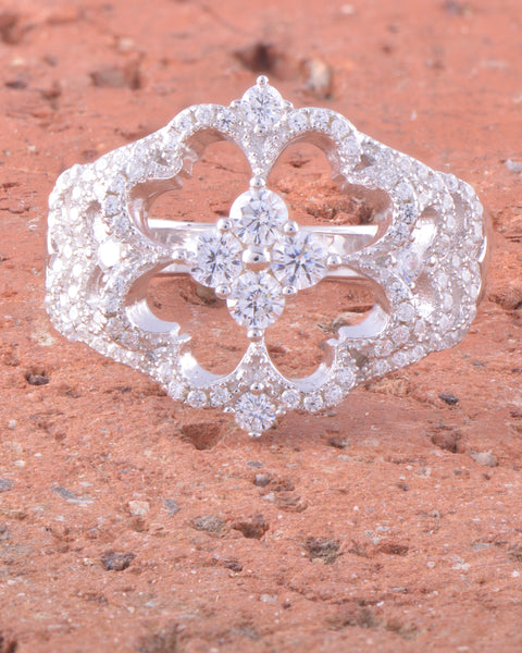 White Gold Over Sterling Silver Ladies Retro Cz Heart Clover Ring