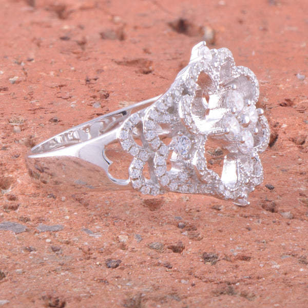 White Gold Over Sterling Silver Ladies Retro Cz Heart Clover Ring