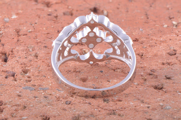 White Gold Over Sterling Silver Ladies Retro Cz Heart Clover Ring