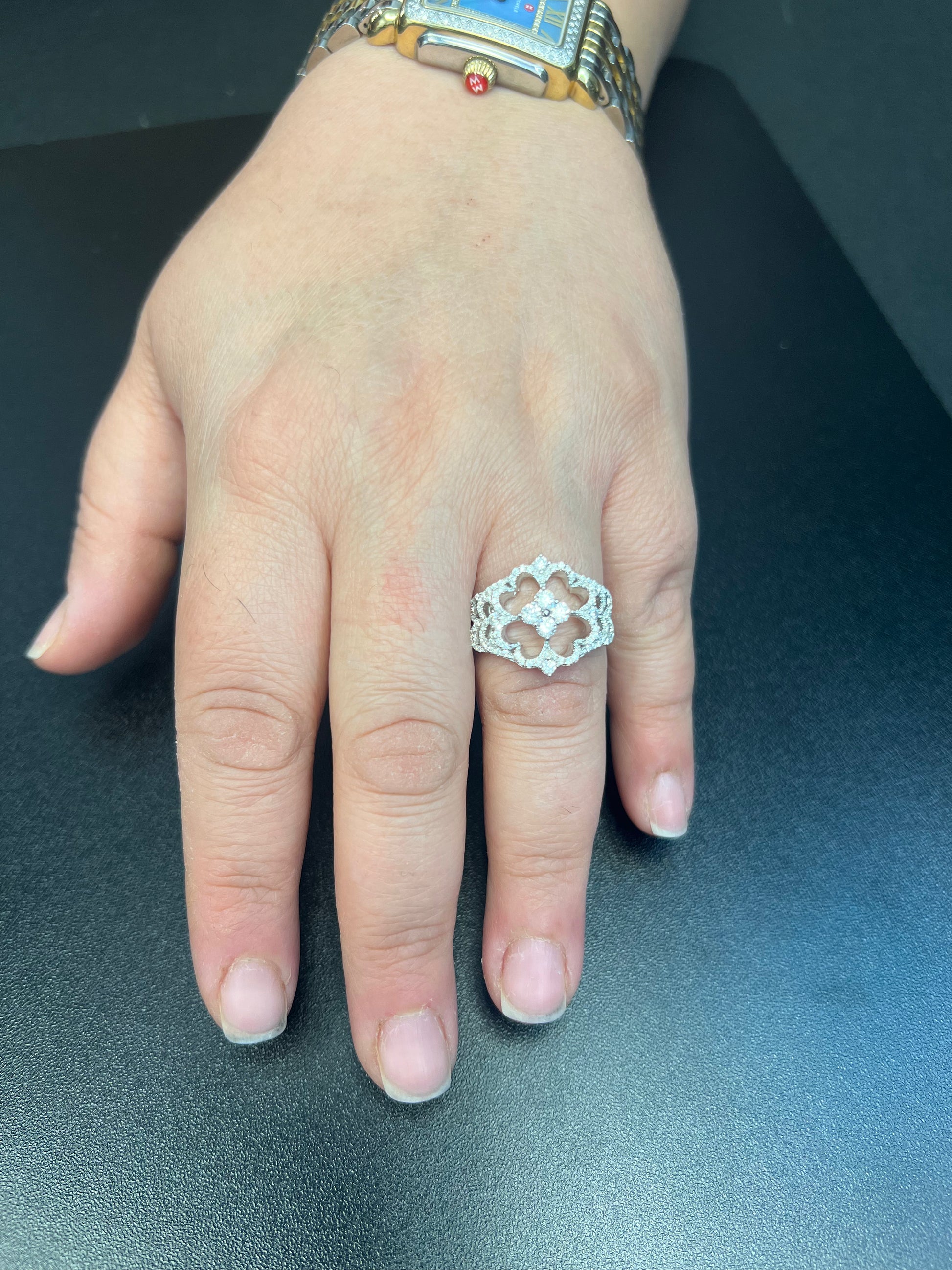 White Gold over Sterling Silver Ladies Retro CZ Heart Clover Ring
