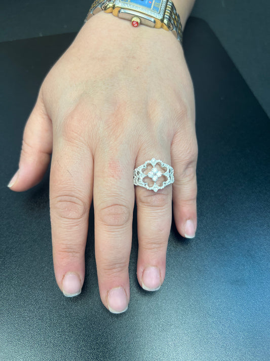 White Gold over Sterling Silver Ladies Retro CZ Heart Clover Ring