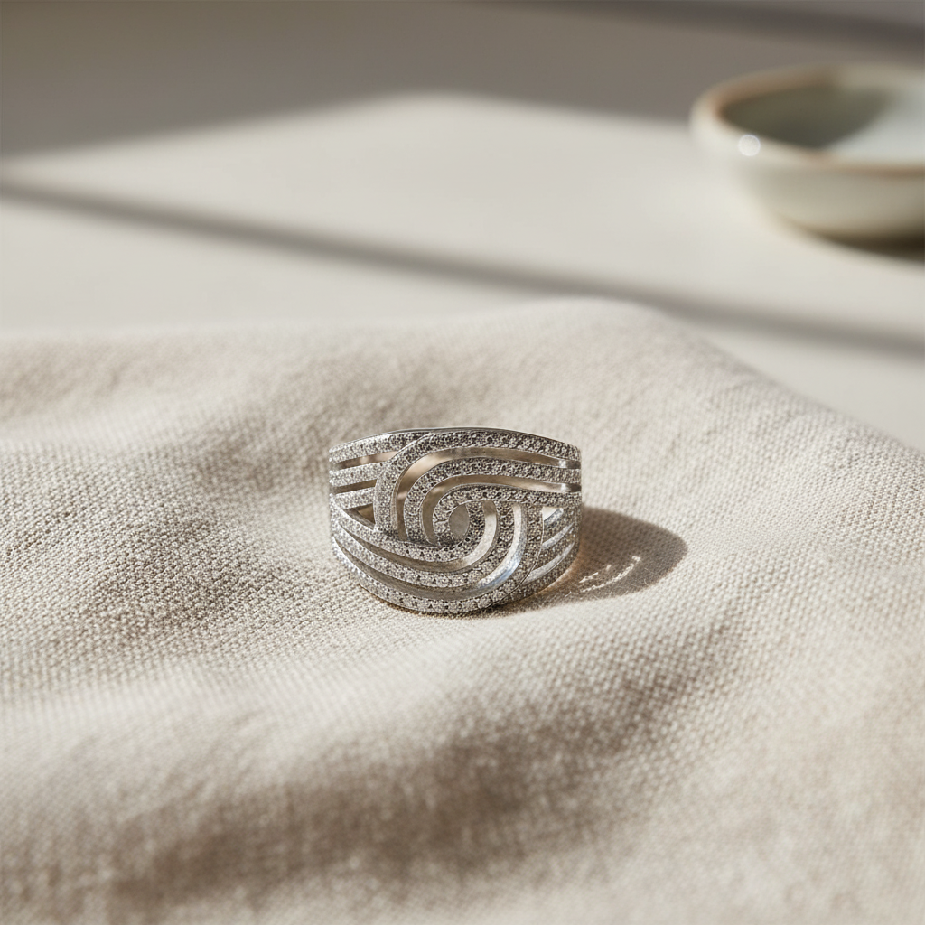 White Gold over Sterling Silver Unisex Simulated Diamond Spiral Swirl Ring