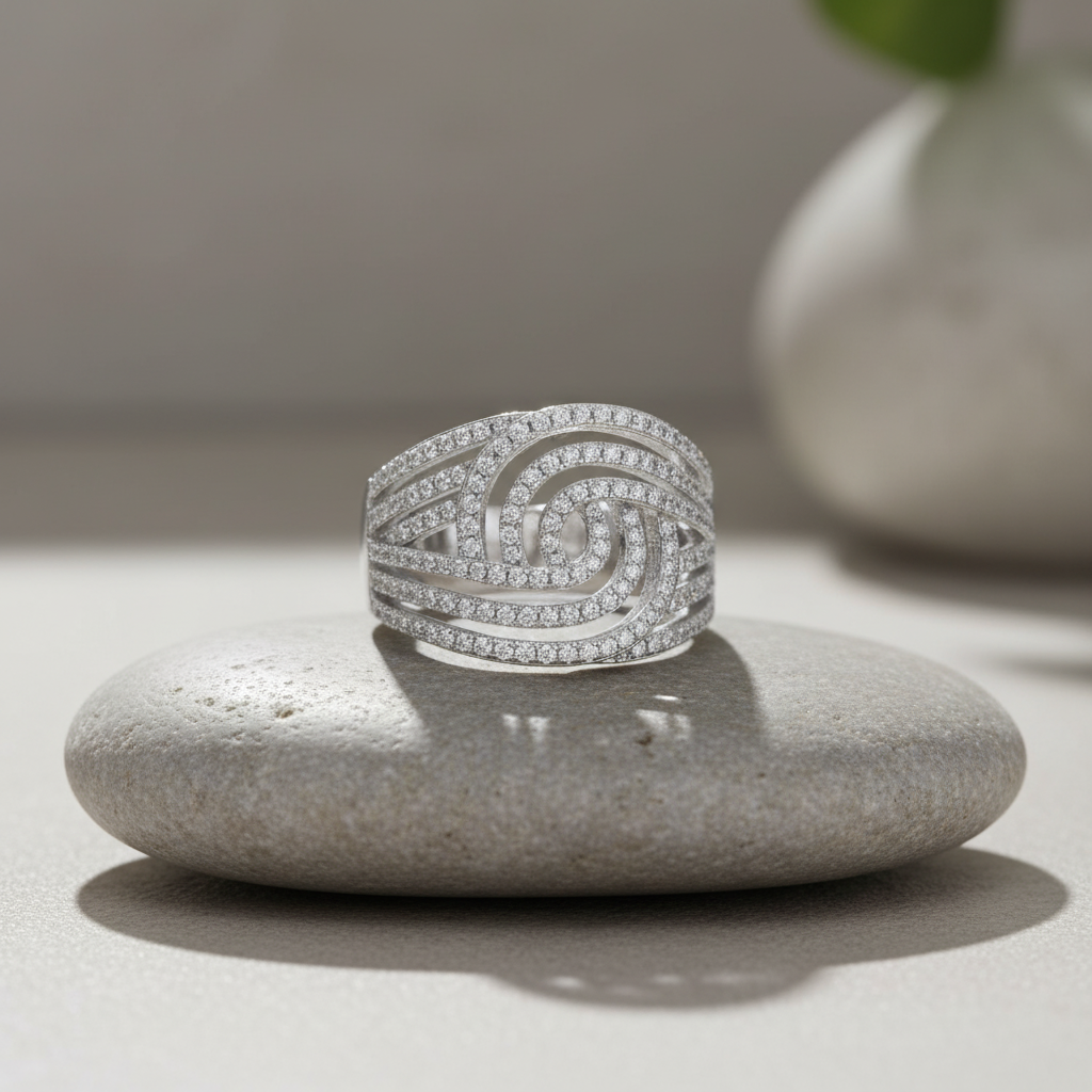 White Gold over Sterling Silver Unisex Simulated Diamond Spiral Swirl Ring
