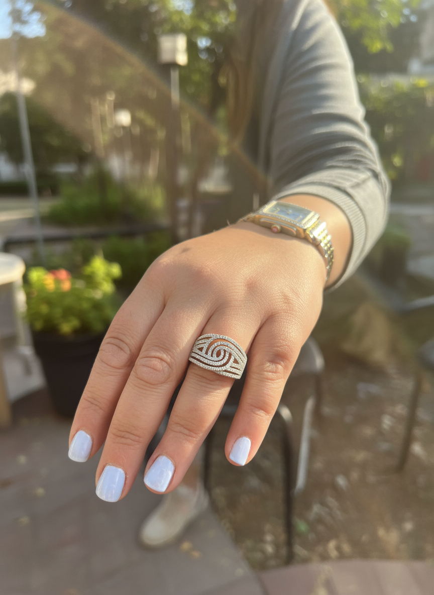 White Gold over Sterling Silver Unisex Simulated Diamond Spiral Swirl Ring