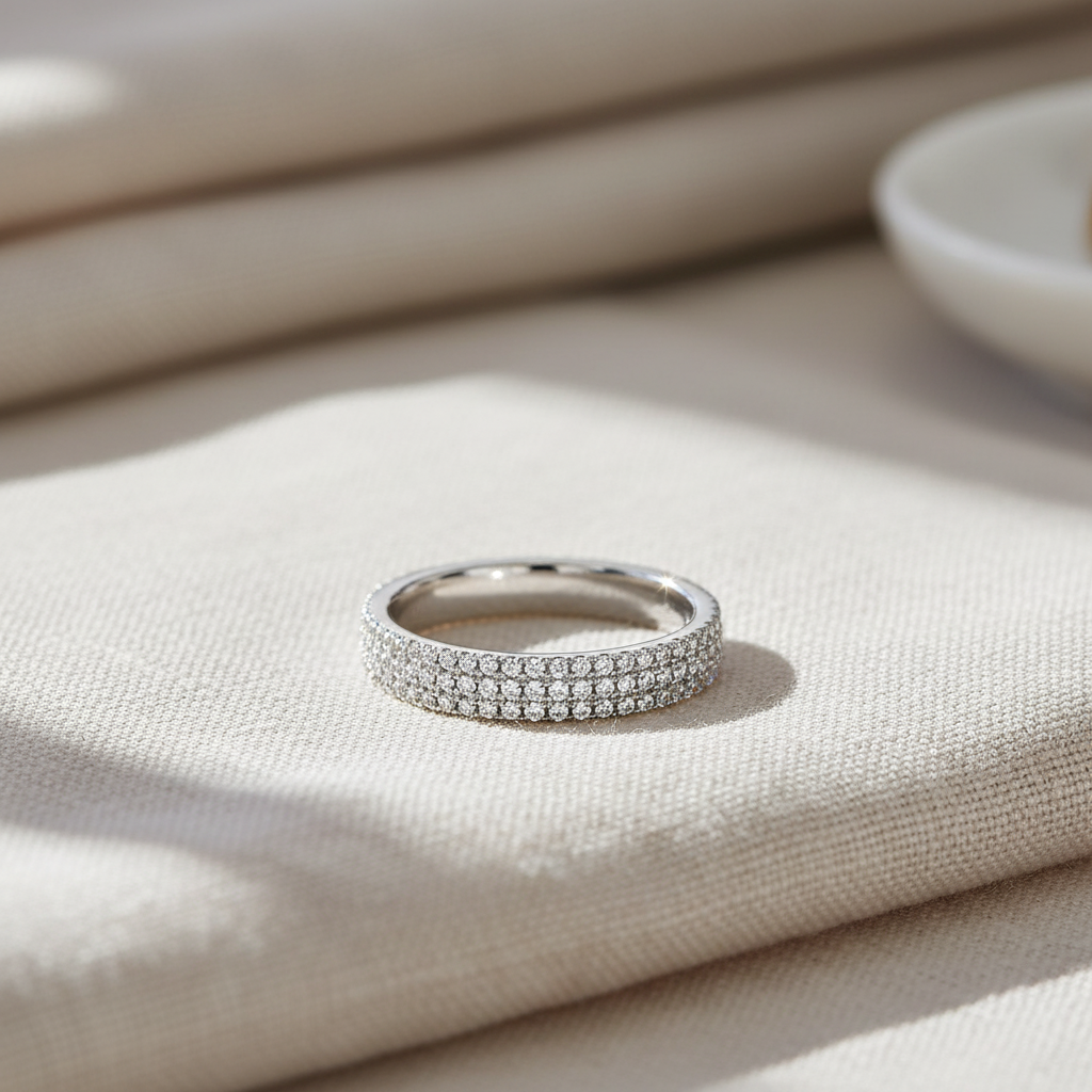 White Gold Over Sterling Silver Womens Wide 3 Row CZ Eternity Band Ring