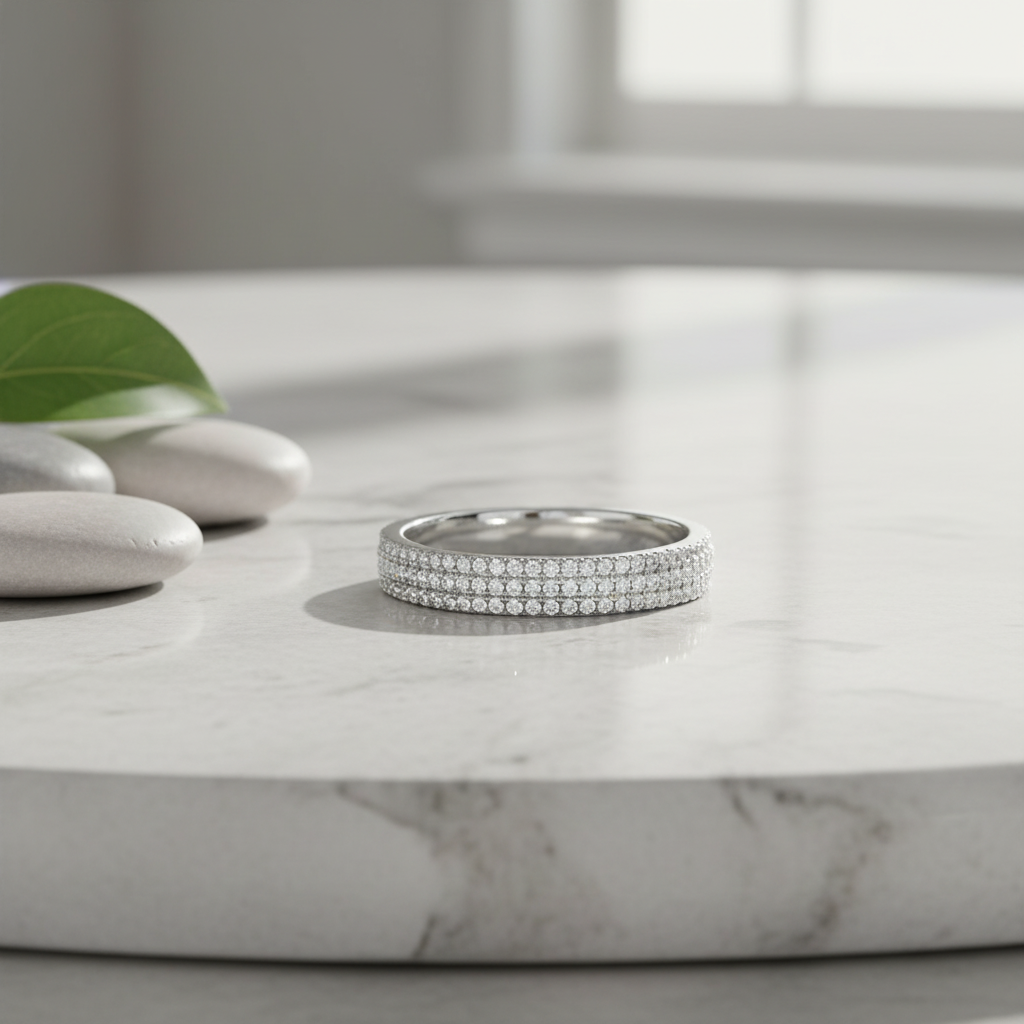 White Gold Over Sterling Silver Womens Wide 3 Row CZ Eternity Band Ring