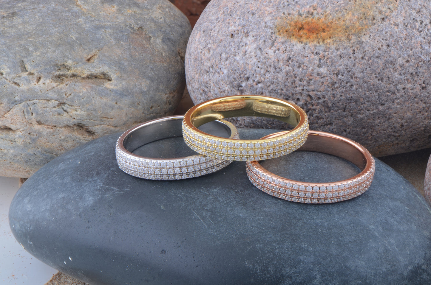 White Gold Over Sterling Silver Womens Wide 3 Row CZ Eternity Band Ring