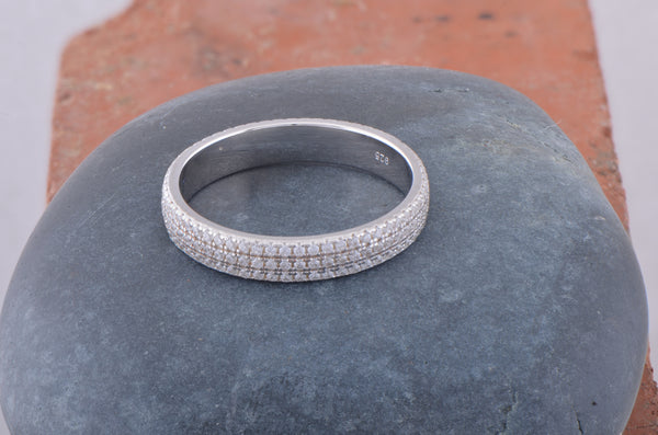 White Gold Over Sterling Silver Womens Wide 3 Row CZ Eternity Band Ring