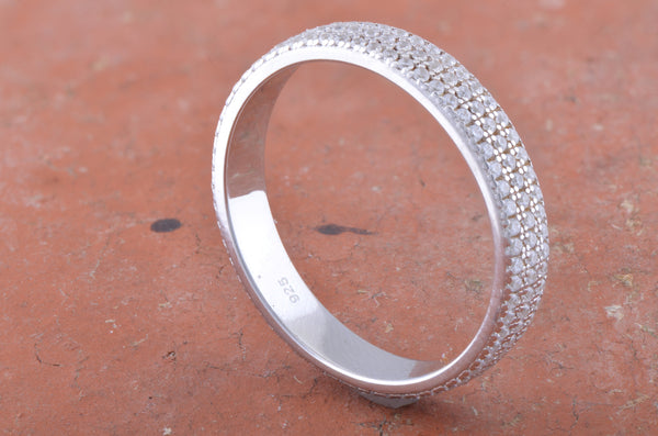 White Gold Over Sterling Silver Womens Wide 3 Row CZ Eternity Band Ring