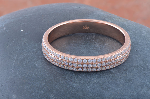 White Gold Over Sterling Silver Womens Wide 3 Row CZ Eternity Band Ring