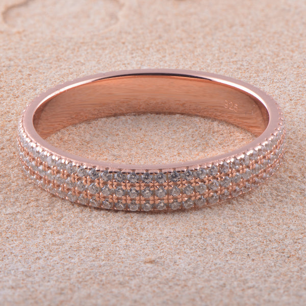 White Gold Over Sterling Silver Womens Wide 3 Row CZ Eternity Band Ring