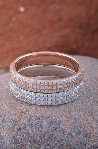 White Gold Over Sterling Silver Womens Wide 3 Row CZ Eternity Band Ring