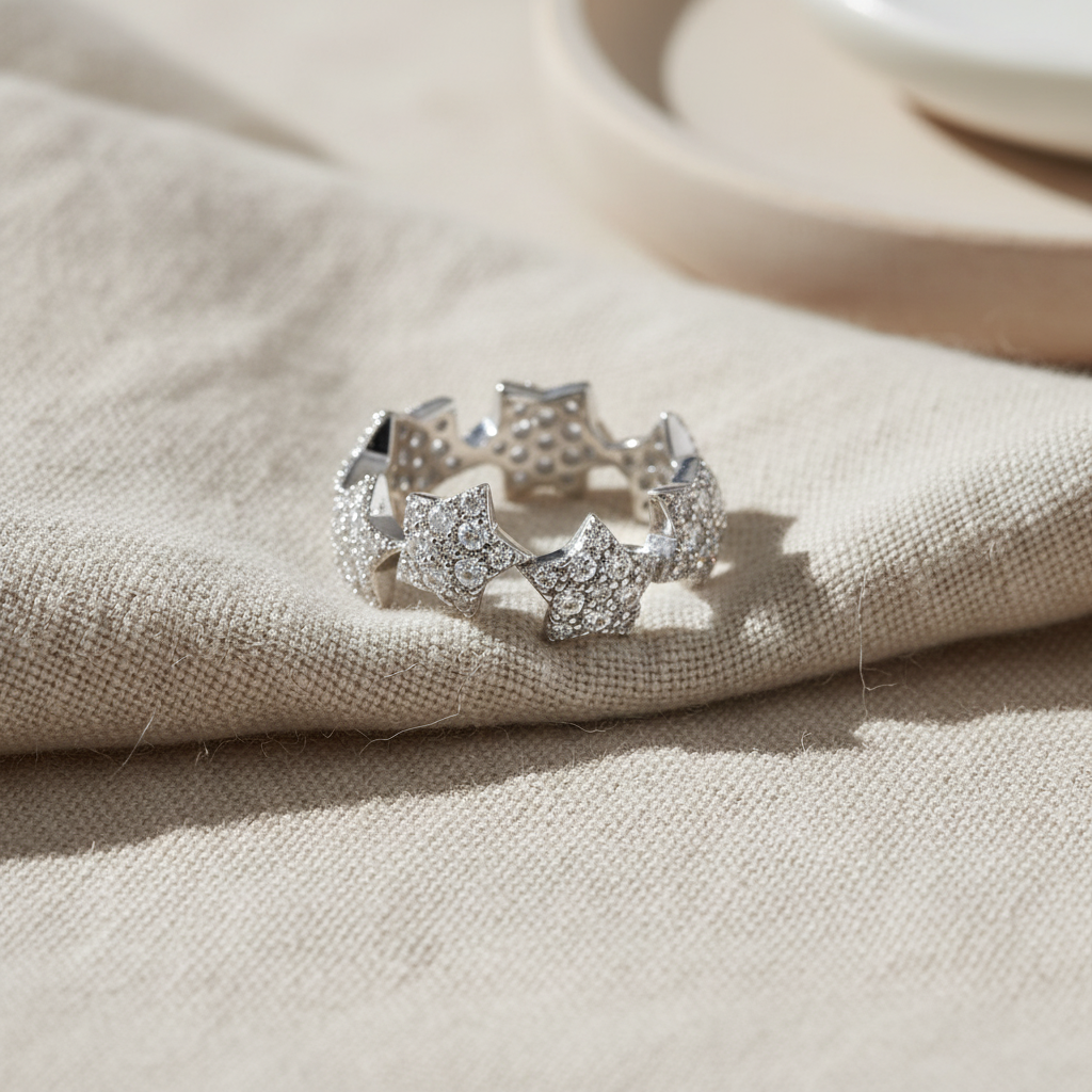 White Gold over Sterling Silver Women's CZ Rockstar Star Ring