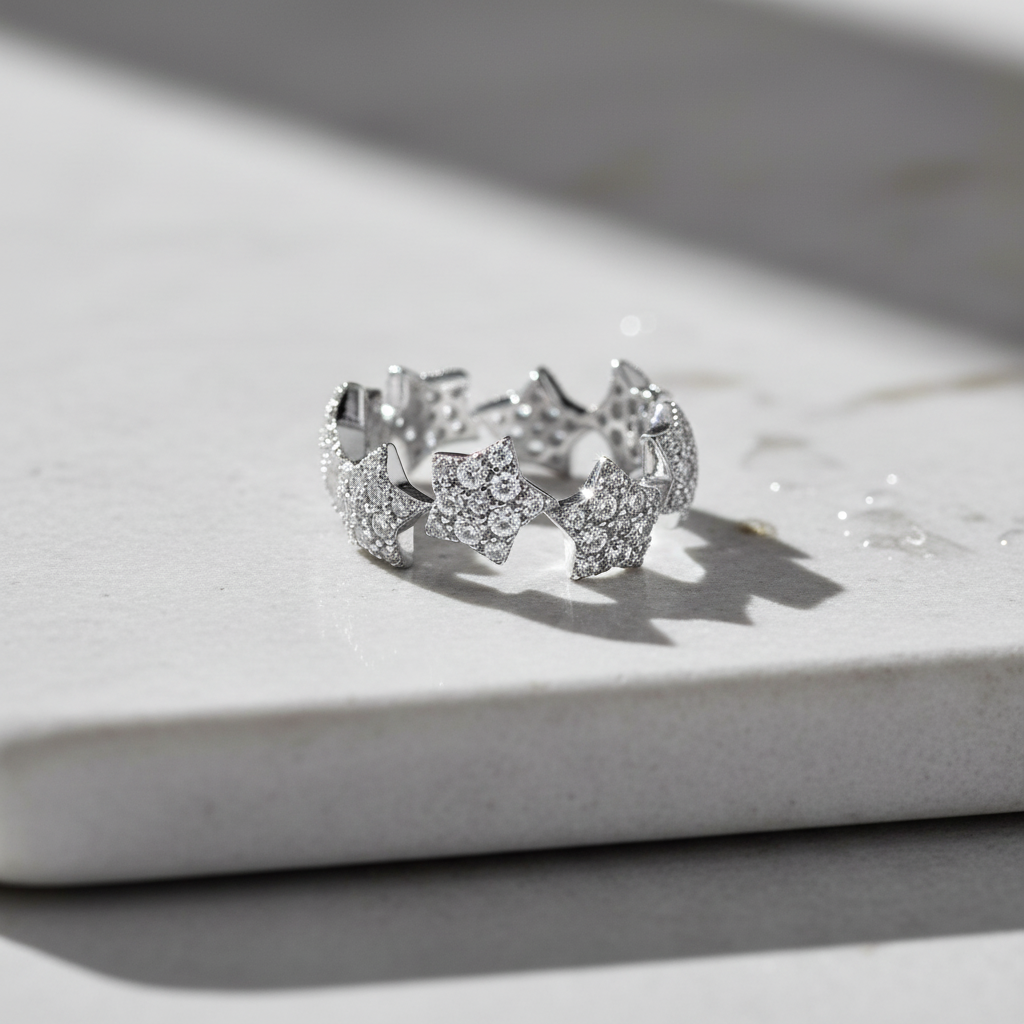 White Gold over Sterling Silver Women's CZ Rockstar Star Ring