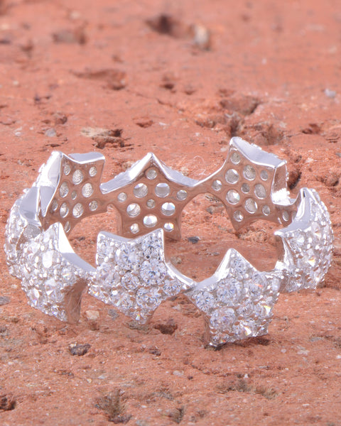 White Gold Over Sterling Silver Womens Cz Rockstar Star Ring