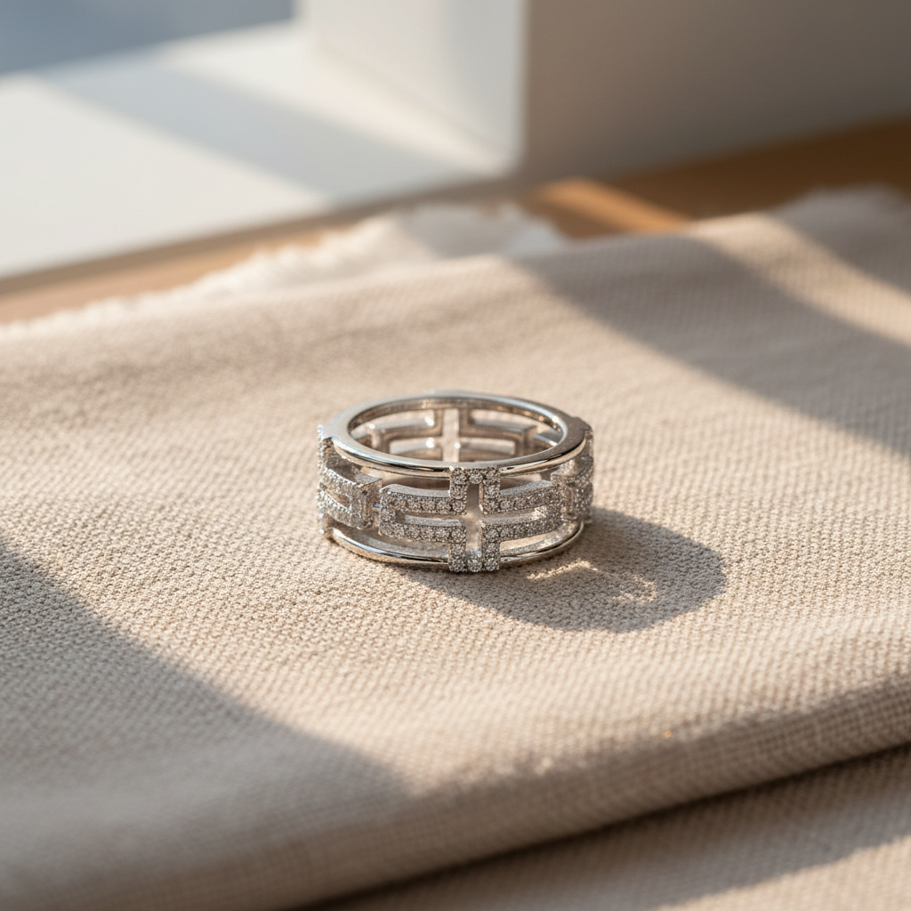White Gold Gold over Sterling Silver CZ Chunky Sideways Cross Eternity Ring