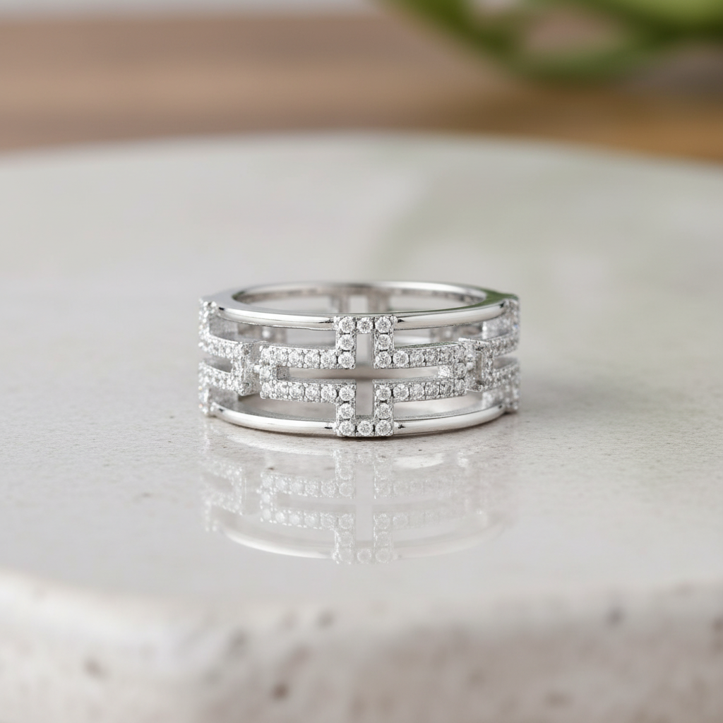 White Gold Gold over Sterling Silver CZ Chunky Sideways Cross Eternity Ring