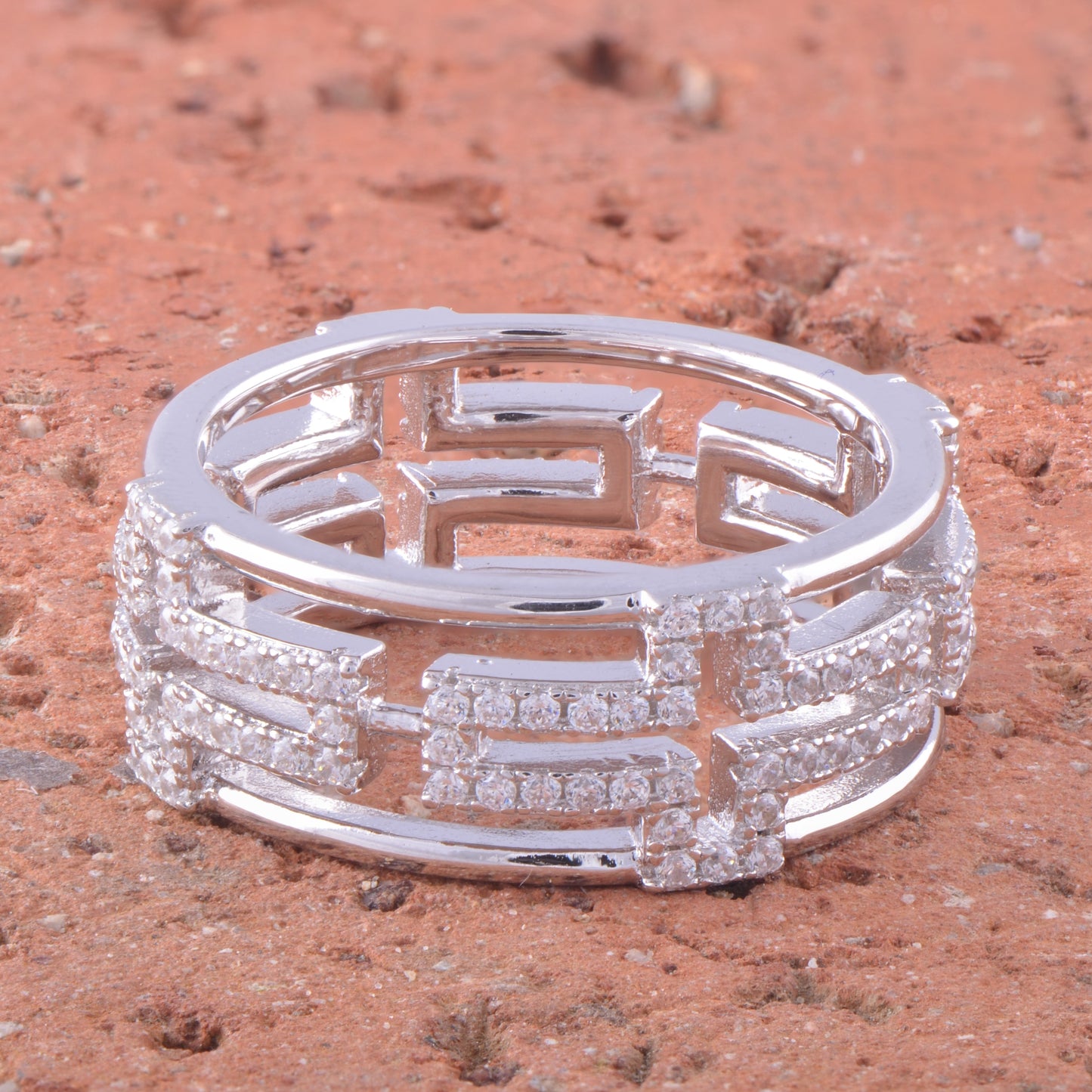 White Gold Gold over Sterling Silver CZ Chunky Sideways Cross Eternity Ring
