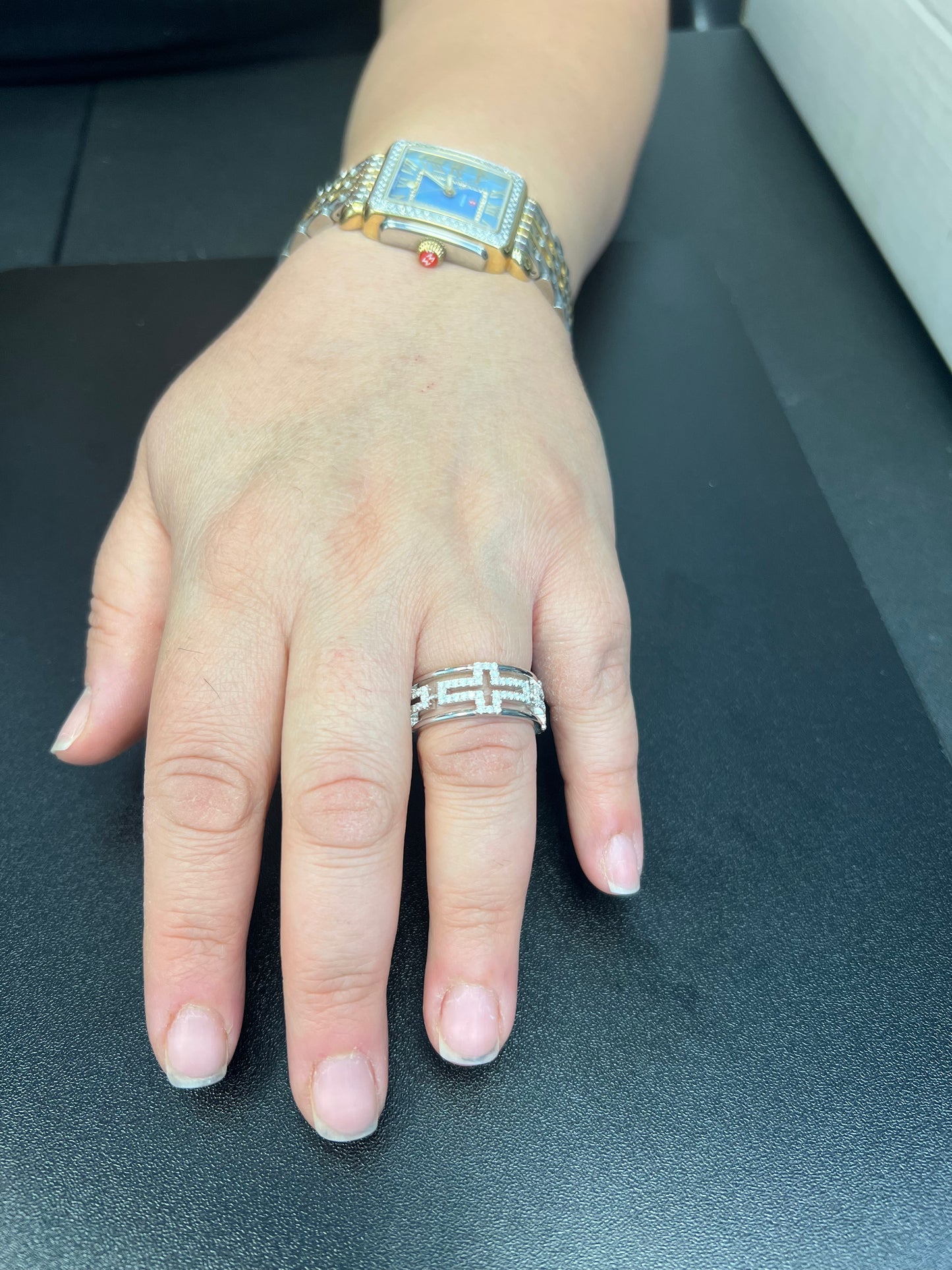 White Gold Gold over Sterling Silver CZ Chunky Sideways Cross Eternity Ring