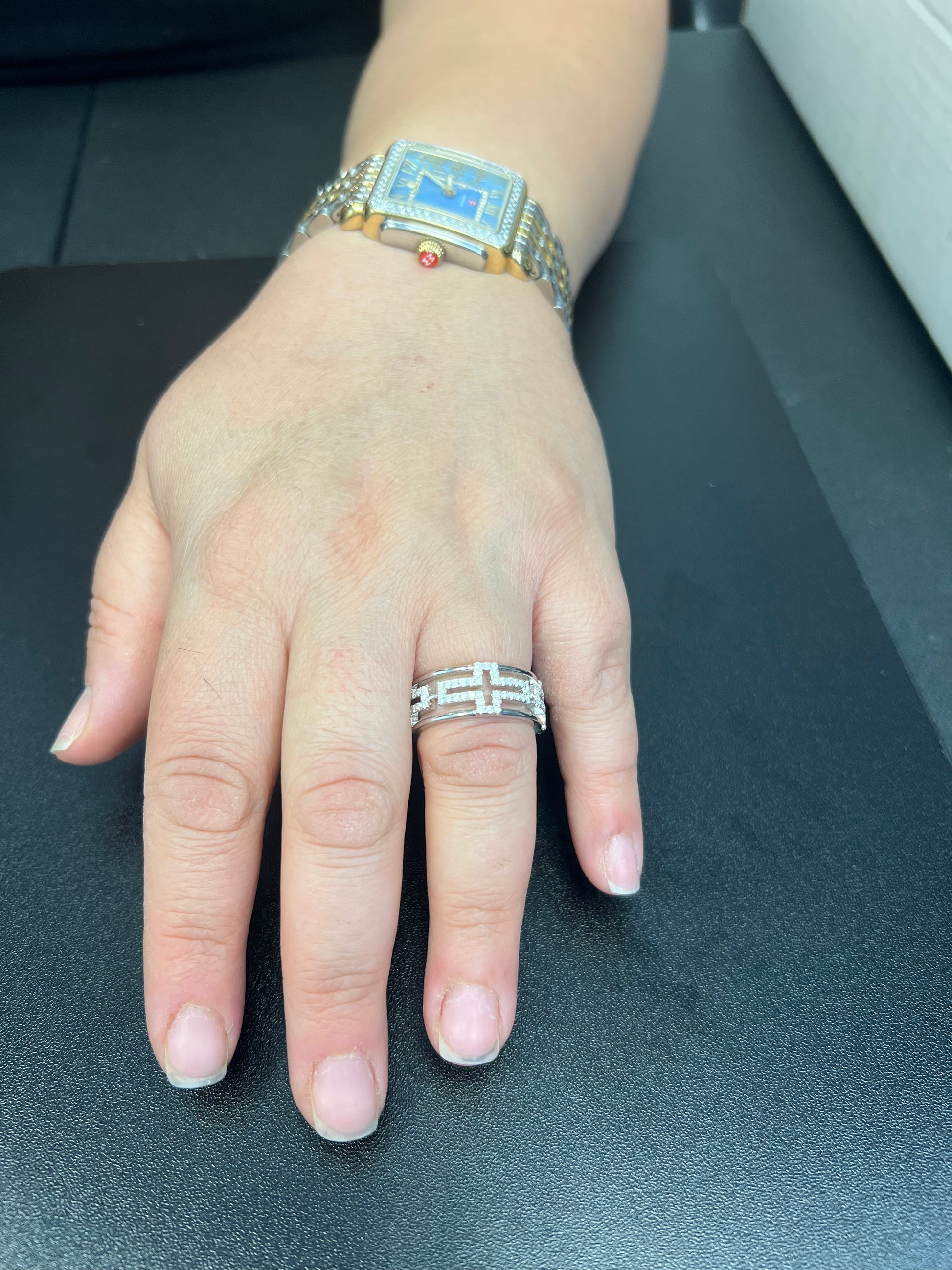 White Gold Gold over Sterling Silver CZ Chunky Sideways Cross Eternity Ring