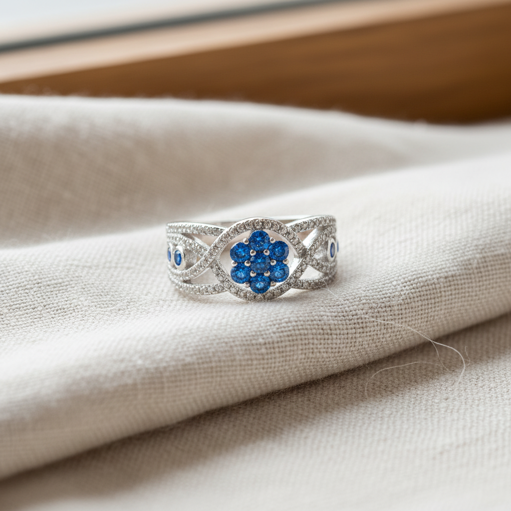 White Gold White Gold over Sterling Silver Simulated Blue Sapphire Flower Ring — view 8