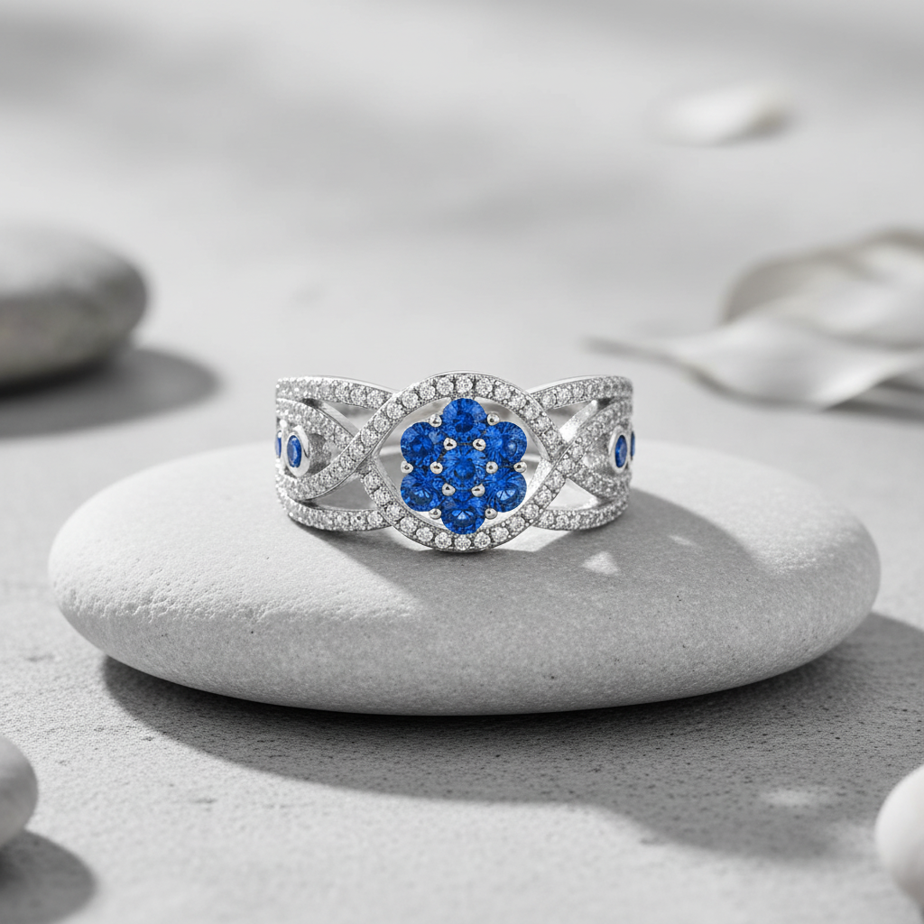 White Gold White Gold over Sterling Silver Simulated Blue Sapphire Flower Ring — detail view