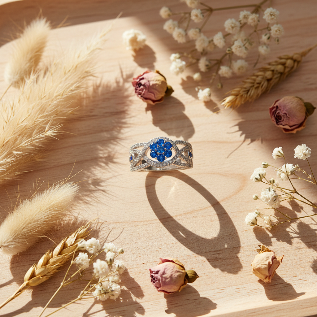 White Gold White Gold over Sterling Silver Simulated Blue Sapphire Flower Ring — view 6