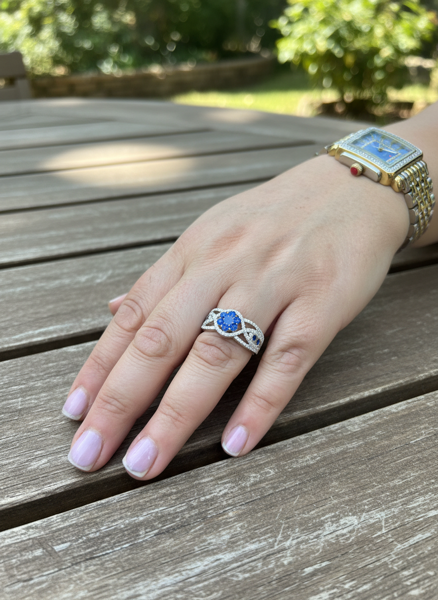 White Gold over Sterling Silver Simulated Blue Sapphire Flower Ring