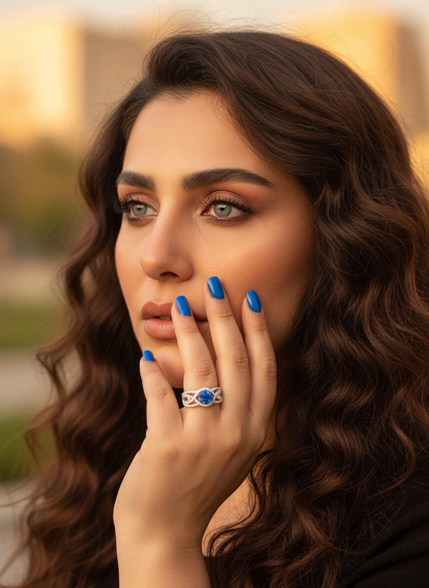 White Gold White Gold over Sterling Silver Simulated Blue Sapphire Flower Ring — scale reference