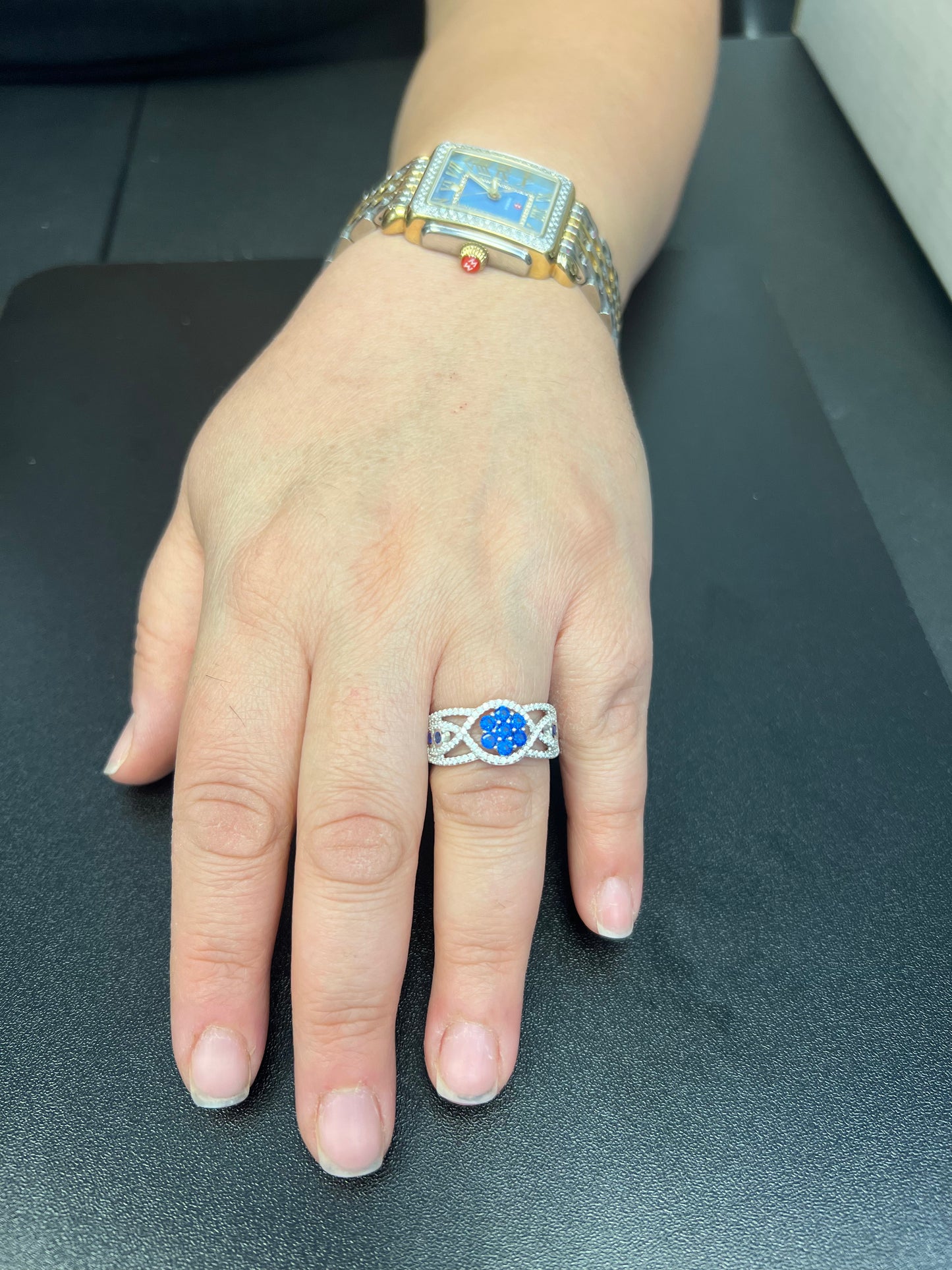 White Gold over Sterling Silver Simulated Blue Sapphire Flower Ring