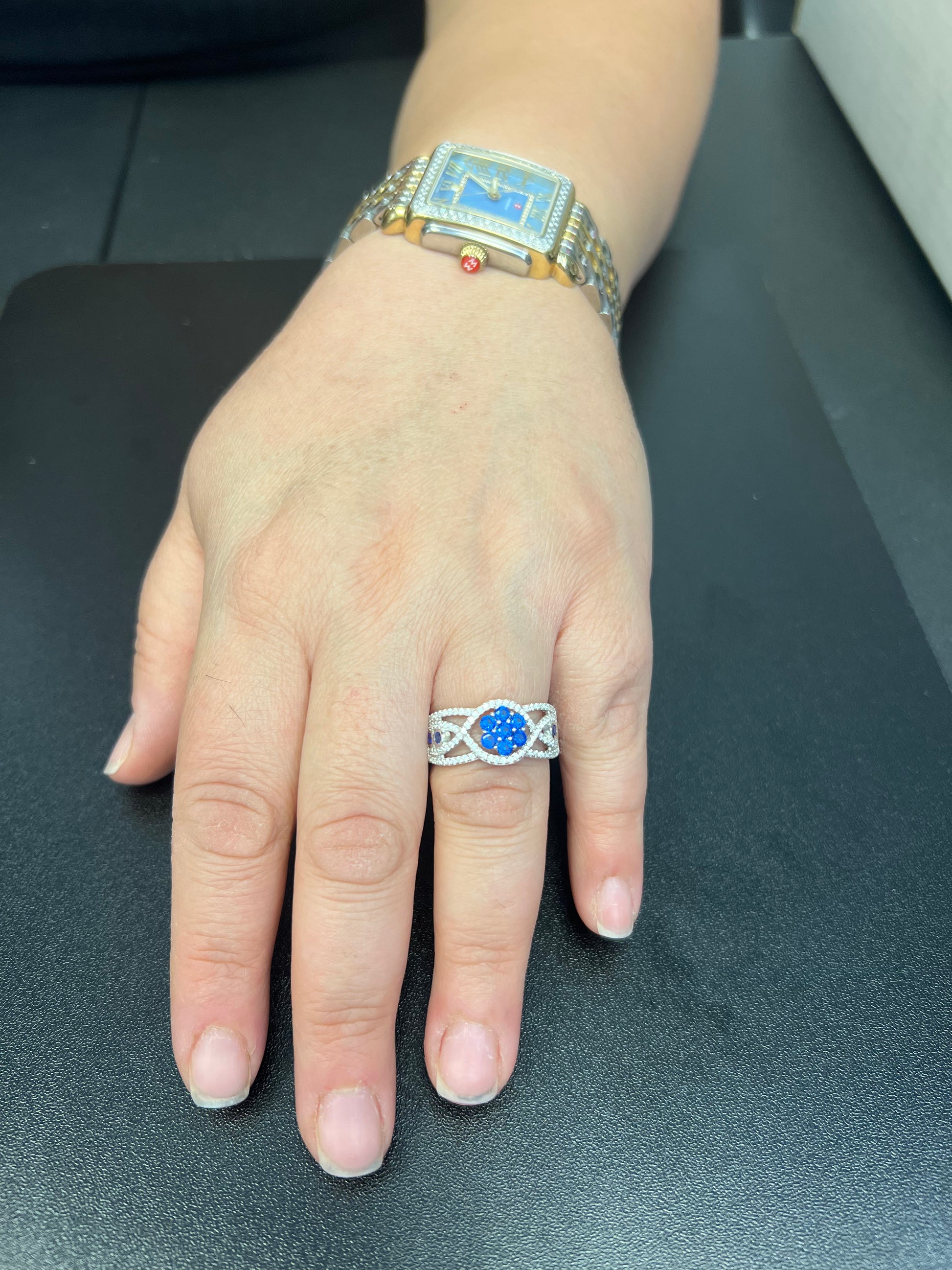 White Gold over Sterling Silver Simulated Blue Sapphire Flower Ring