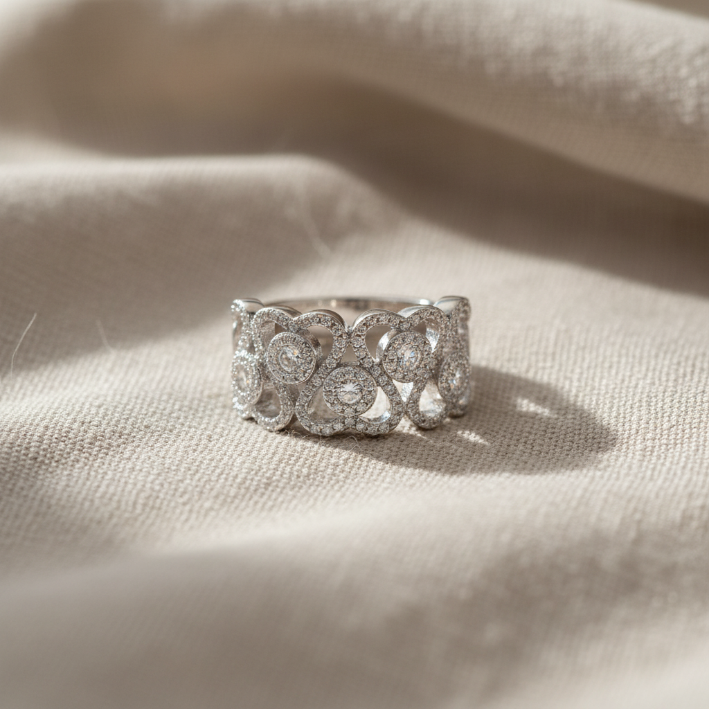 White Gold Over Sterling Silver Womens Chunky Cz Repeating Heart Ring