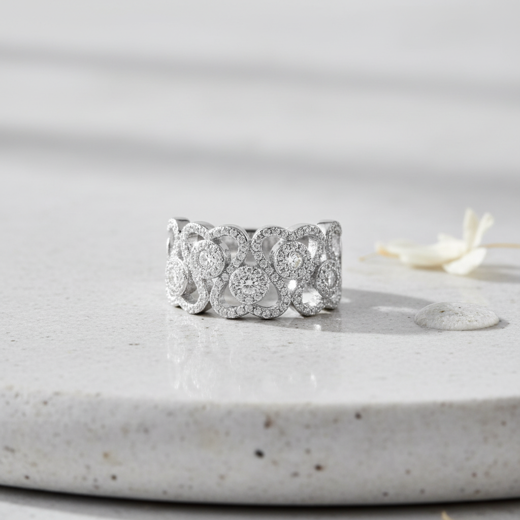 White Gold Over Sterling Silver Womens Chunky Cz Repeating Heart Ring