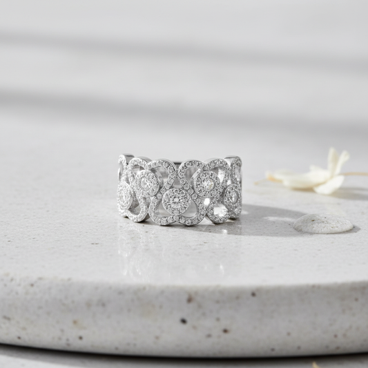 White Gold Over Sterling Silver Womens Chunky Cz Repeating Heart Ring