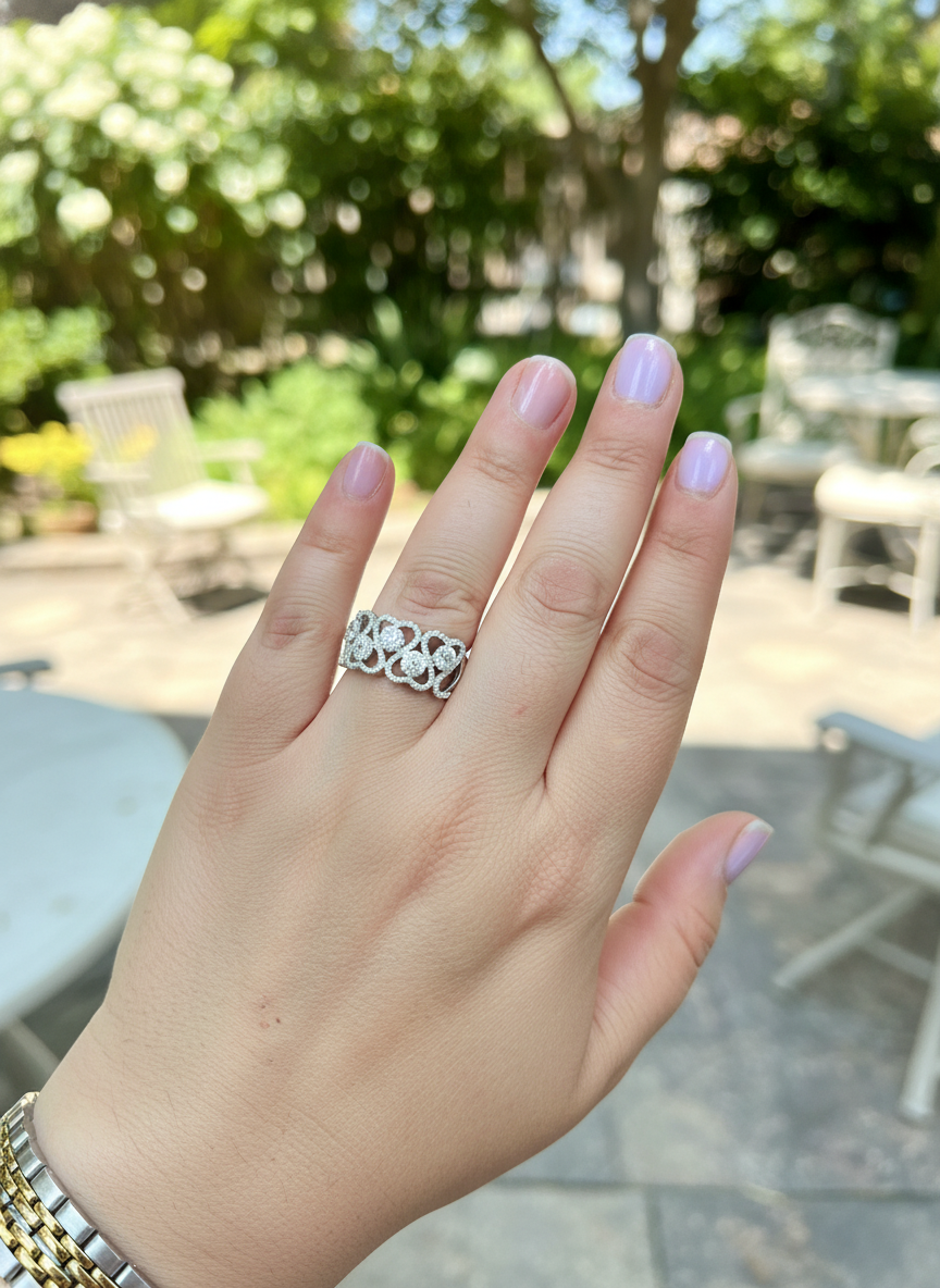 White Gold Over Sterling Silver Womens Chunky Cz Repeating Heart Ring