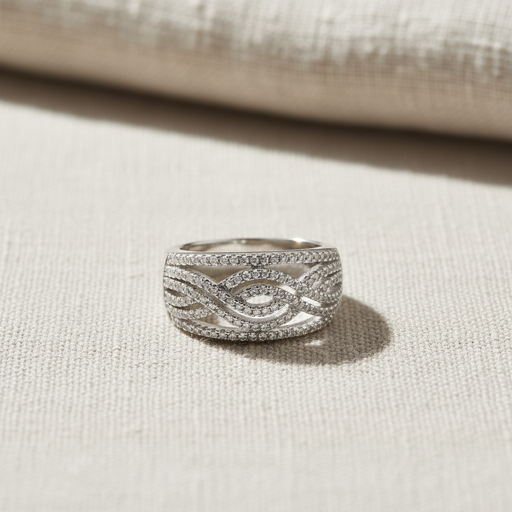 White Gold Over Sterling Silver Womens Cz Wide Infinity Braid Ring