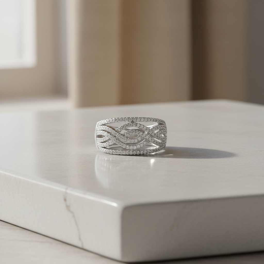 White Gold Over Sterling Silver Womens Cz Wide Infinity Braid Ring