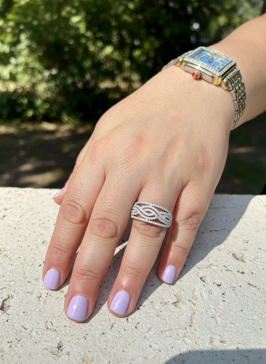 White Gold Over Sterling Silver Womens Cz Wide Infinity Braid Ring