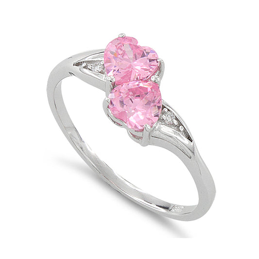 Sterling Silver Pink CZ Double Heart Ring