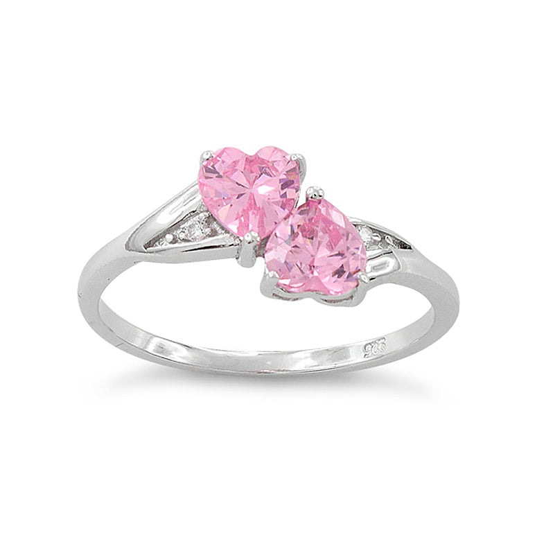 Sterling Silver Pink CZ Double Heart Ring side view