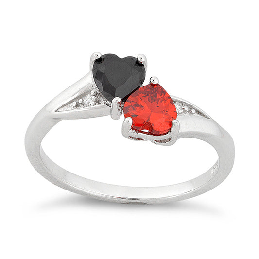 Sterling Silver Black & Red CZ Double Heart Ring