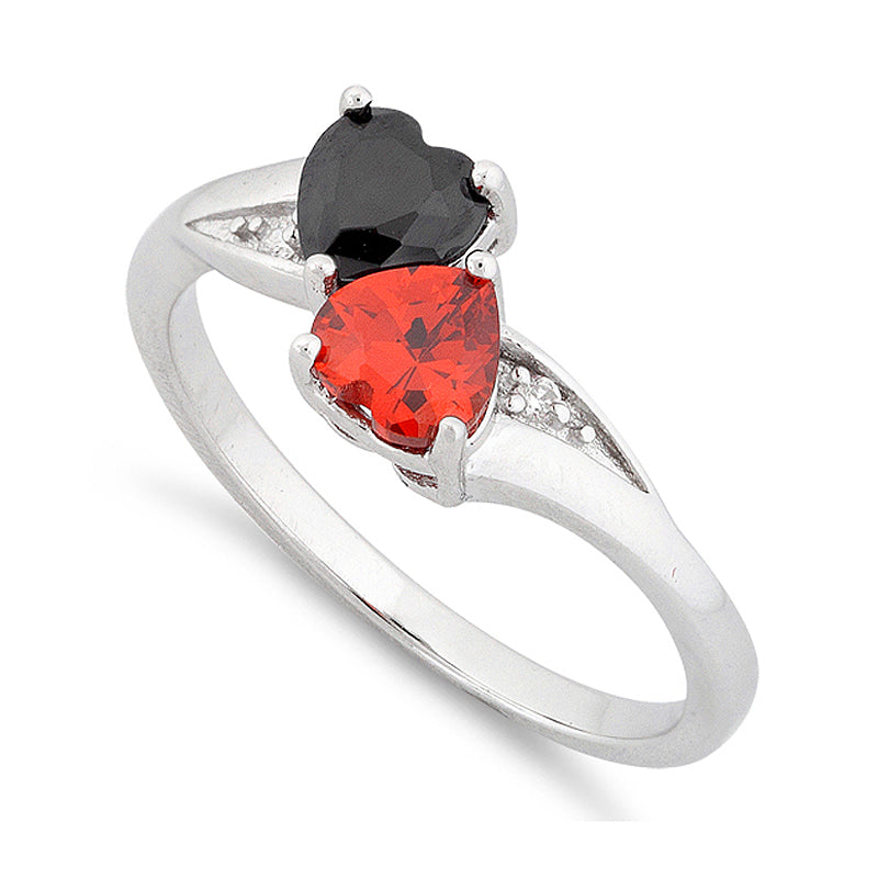 Sterling Silver Black & Red CZ Double Heart Ring side view