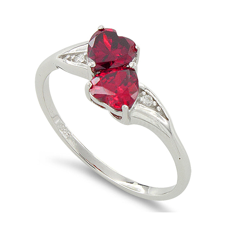 Sterling Silver Simulated Ruby Double Heart Ring