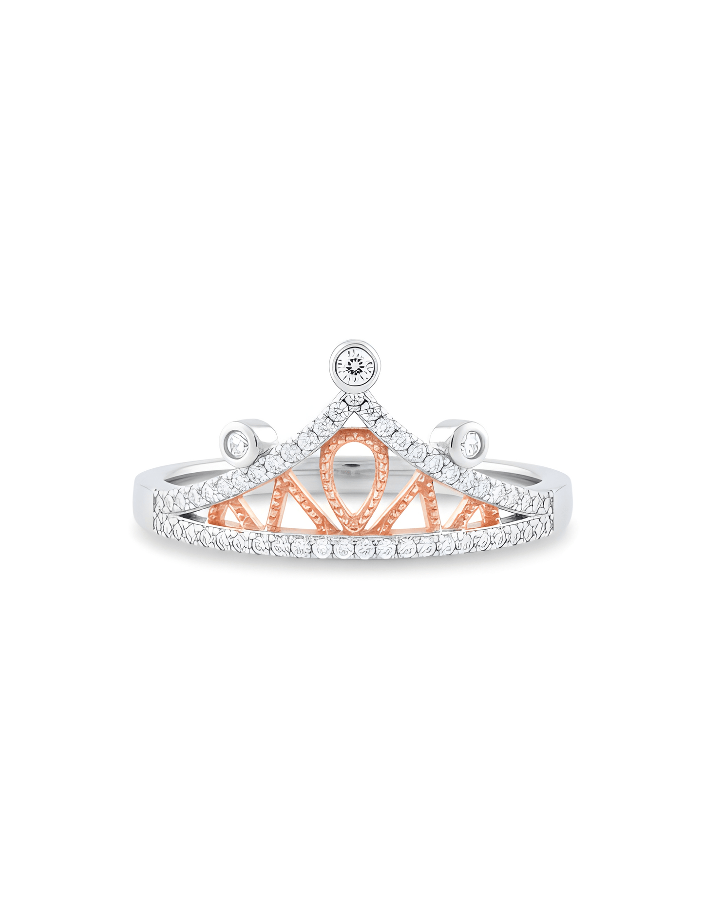 Two-Tone Crown Ring – Rhodium & Rose Gold Plated Sterling Silver with Simulated Moissanite (Sizes 4–9)