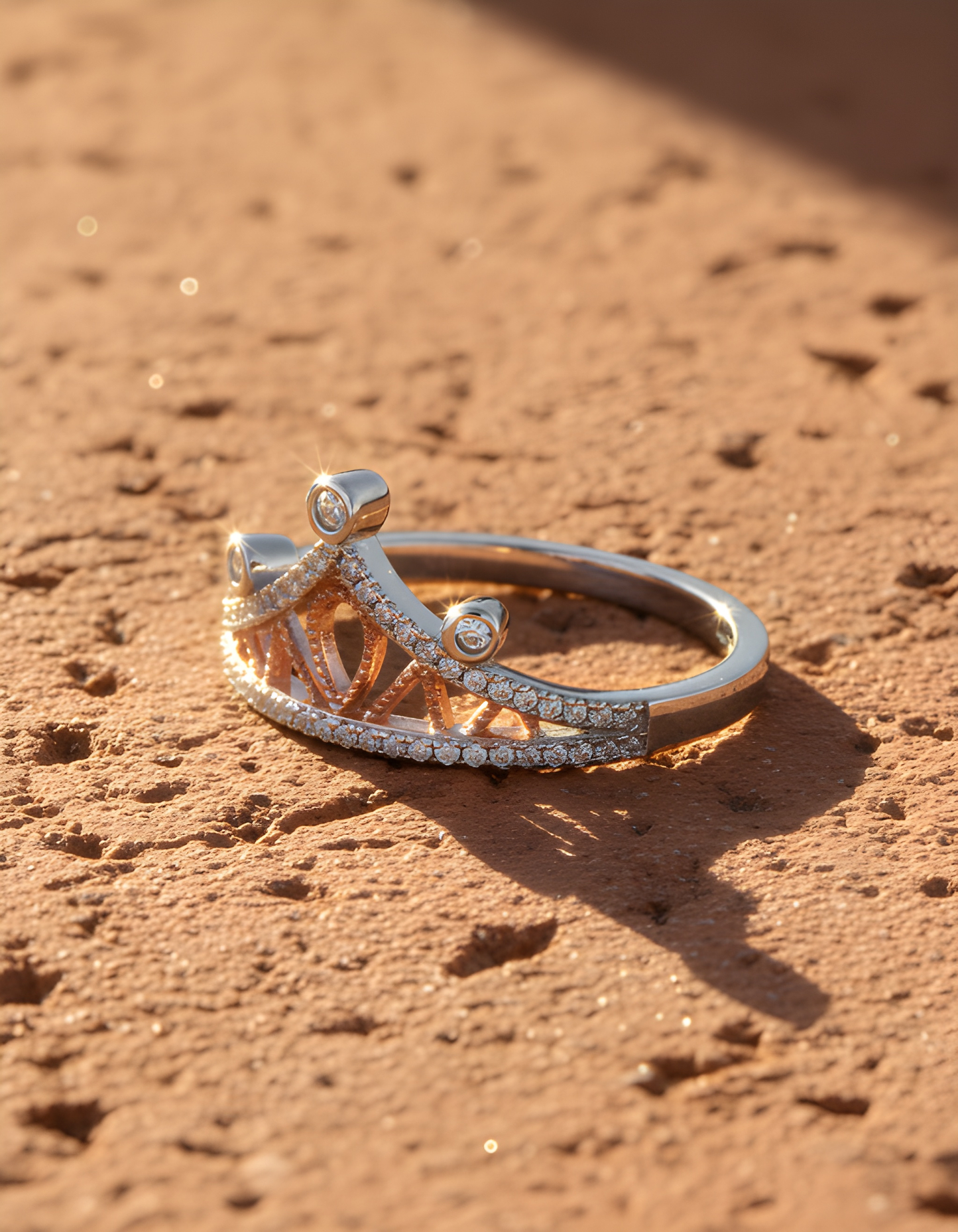 Two-Tone Crown Ring – Rhodium & Rose Gold Plated Sterling Silver with Simulated Moissanite (Sizes 4–9)