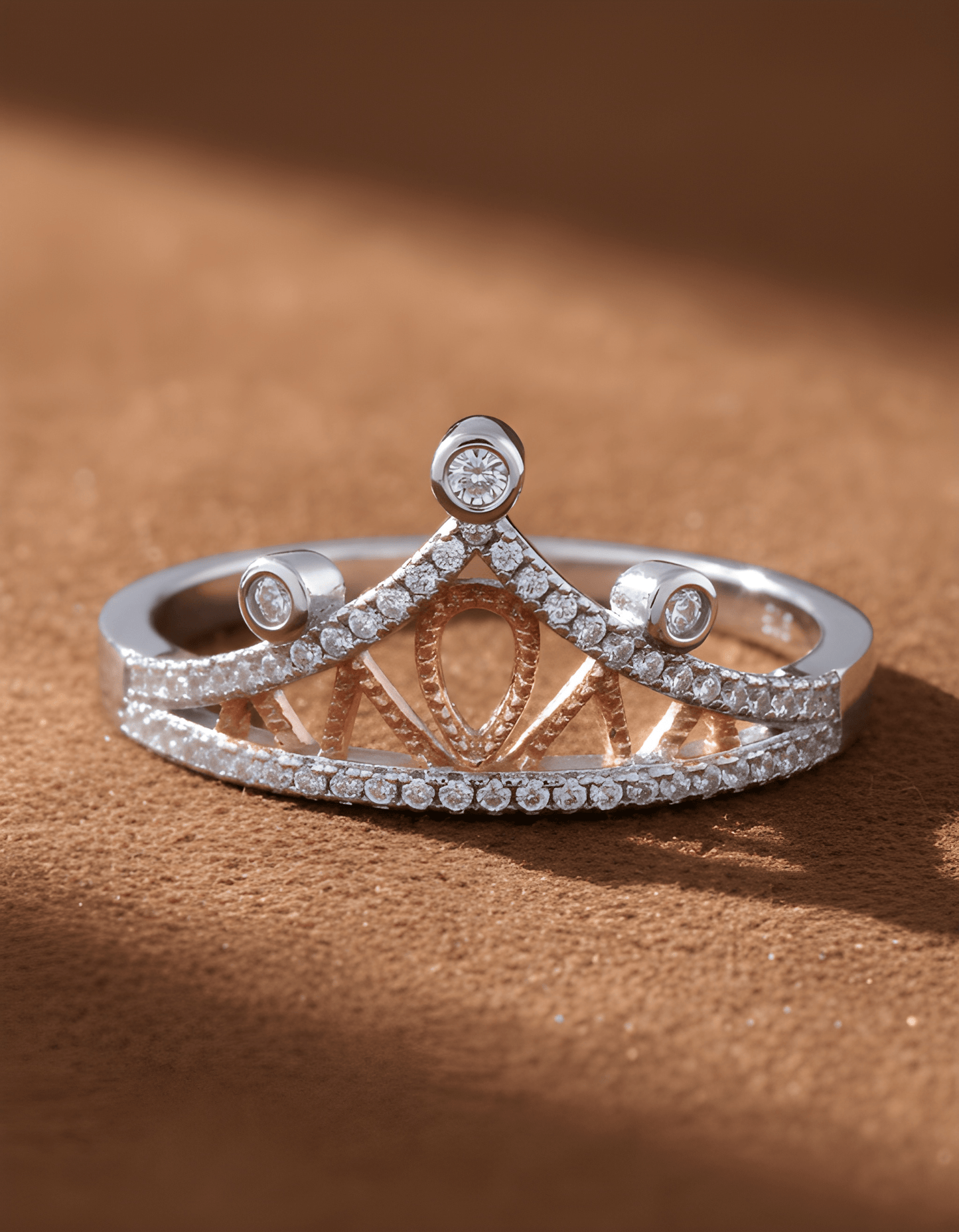 Two-Tone Crown Ring – Rhodium & Rose Gold Plated Sterling Silver with Simulated Moissanite (Sizes 4–9)