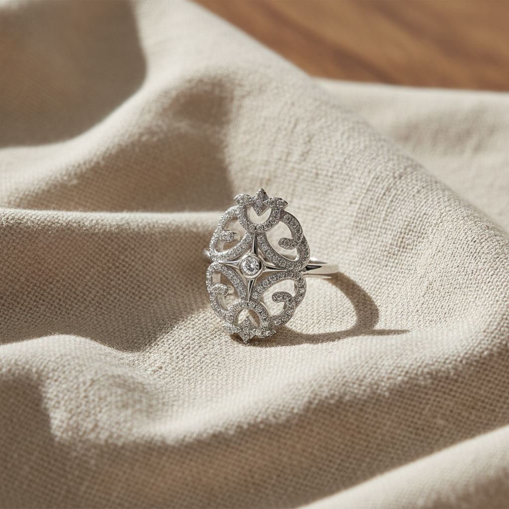 White Gold over Sterling Silver Women's CZ Filigree Armour Shield Ring